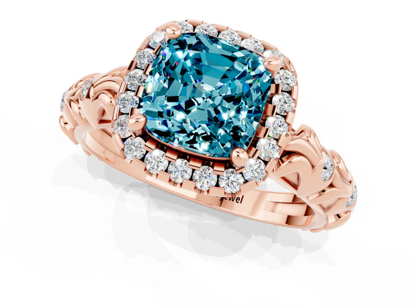 Rose gold Cushion Cut Halo Diamond Solitaire with Filigree Band and Four-Prong Setting