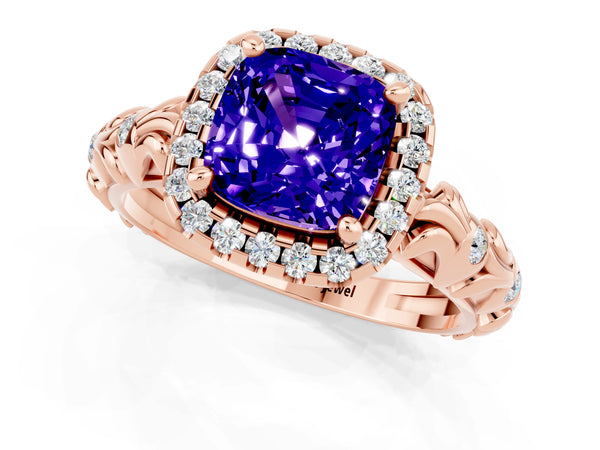 Rose gold Cushion Cut Tanzanite Halo Ring with Filigree Band and Prong Setting
