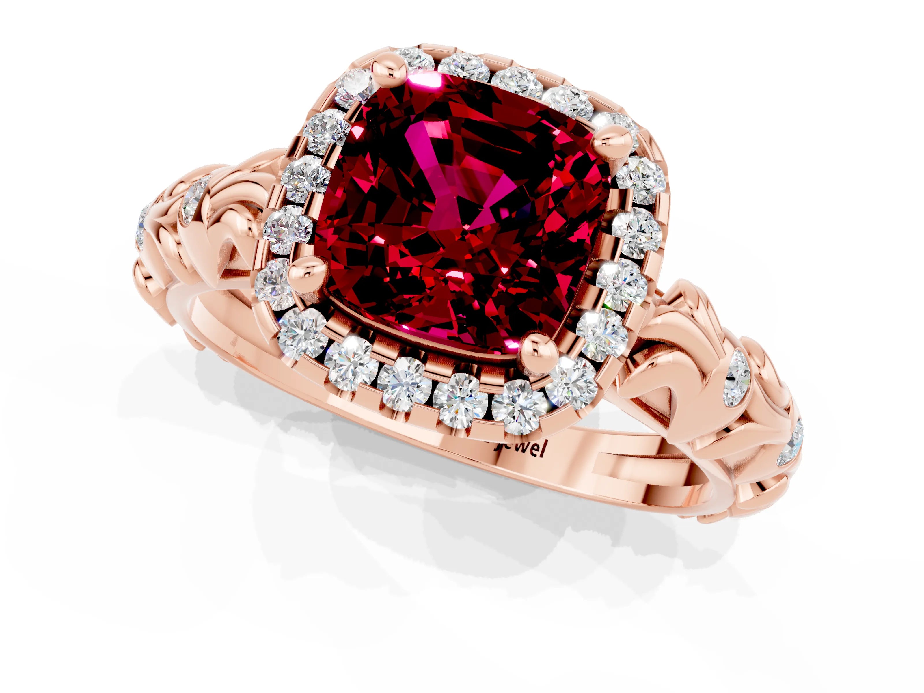 Rose gold Cushion Cut Halo Diamond Solitaire with Filigree Band and Four-Prong Setting_1