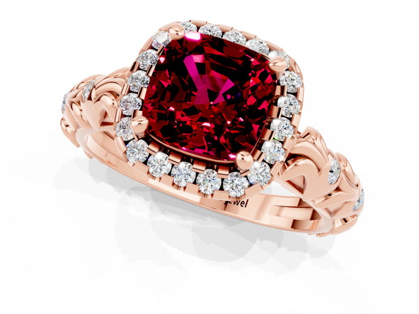 Rose gold Cushion Cut Garnet Halo Ring with Filigree Band and Prong Setting