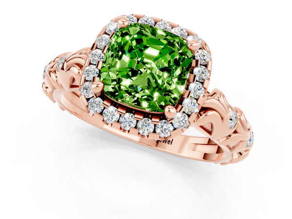 Rose gold Cushion Cut Peridot Halo Ring with Filigree Band and Prong Setting