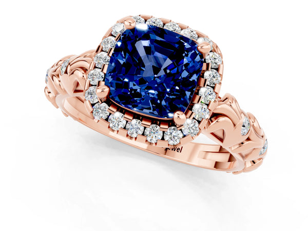Rose gold Cushion Cut Blue Sapphire Halo Ring with Filigree Band and Prong Setting