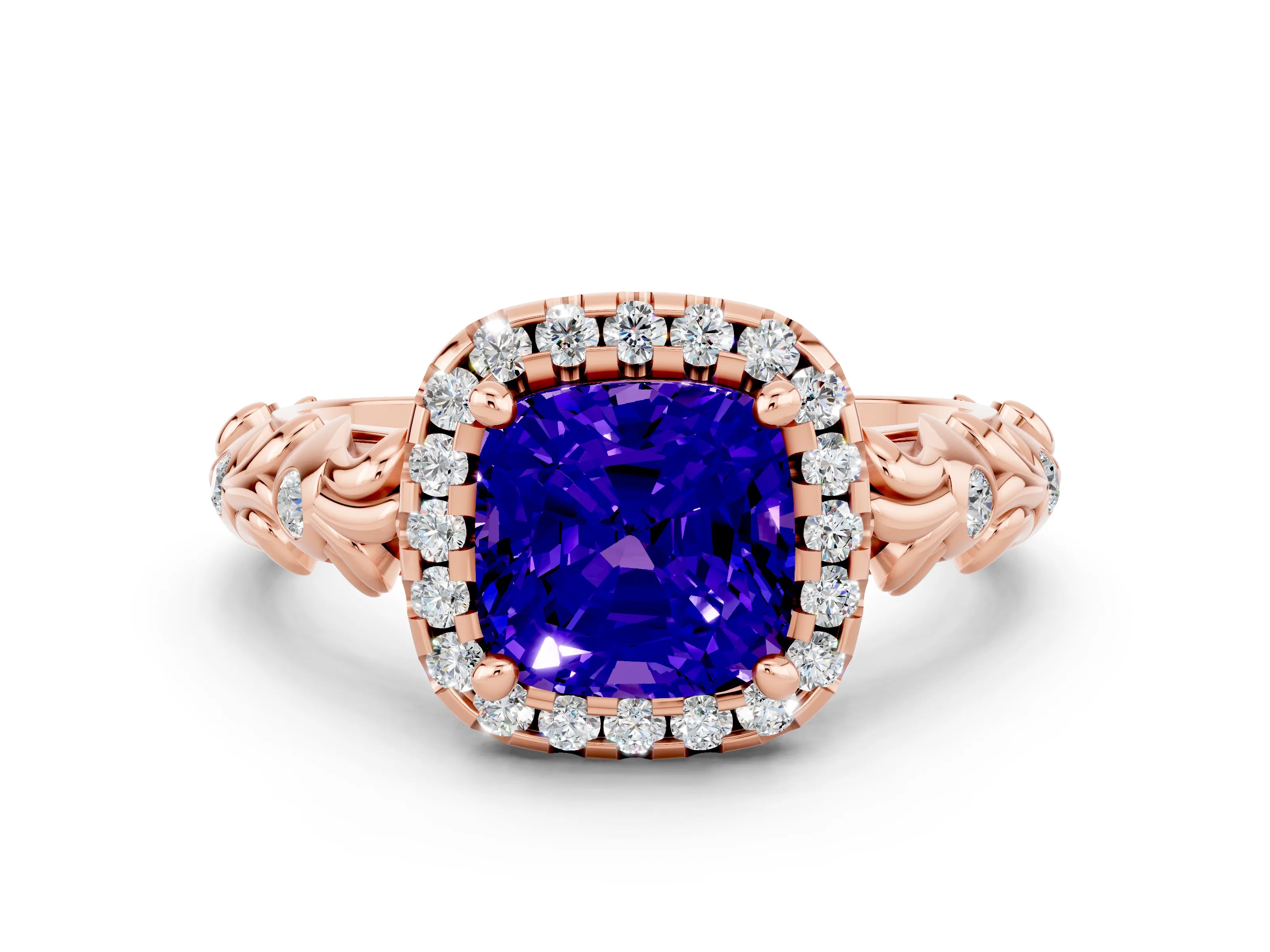 Rose gold Cushion Cut Halo Diamond Solitaire with Filigree Band and Four-Prong Setting