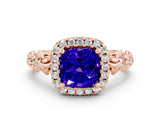 Rose gold Cushion Cut Halo Diamond Solitaire with Filigree Band and Four-Prong Setting