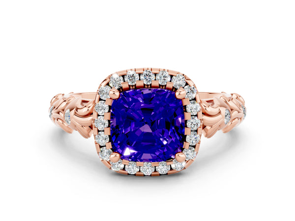 Rose gold Cushion Cut Tanzanite Halo Ring with Filigree Band and Prong Setting