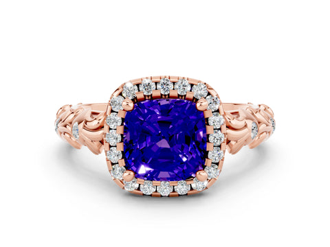 Rose gold Cushion Cut Halo Diamond Solitaire with Filigree Band and Four-Prong Setting