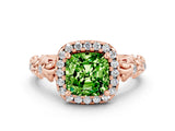 Rose gold Cushion Cut Halo Diamond Solitaire with Filigree Band and Four-Prong Setting
