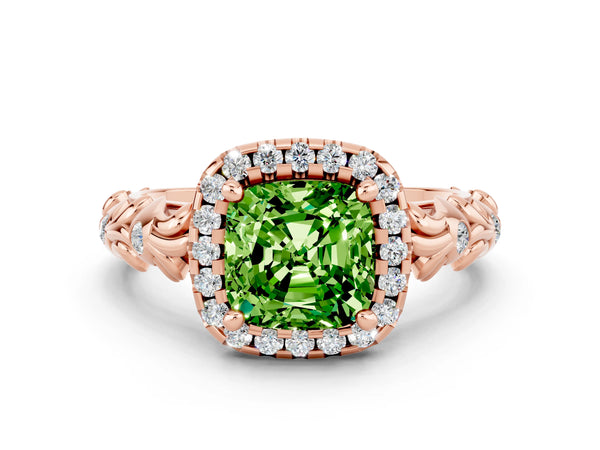 Rose gold Cushion Cut Peridot Halo Ring with Filigree Band and Prong Setting