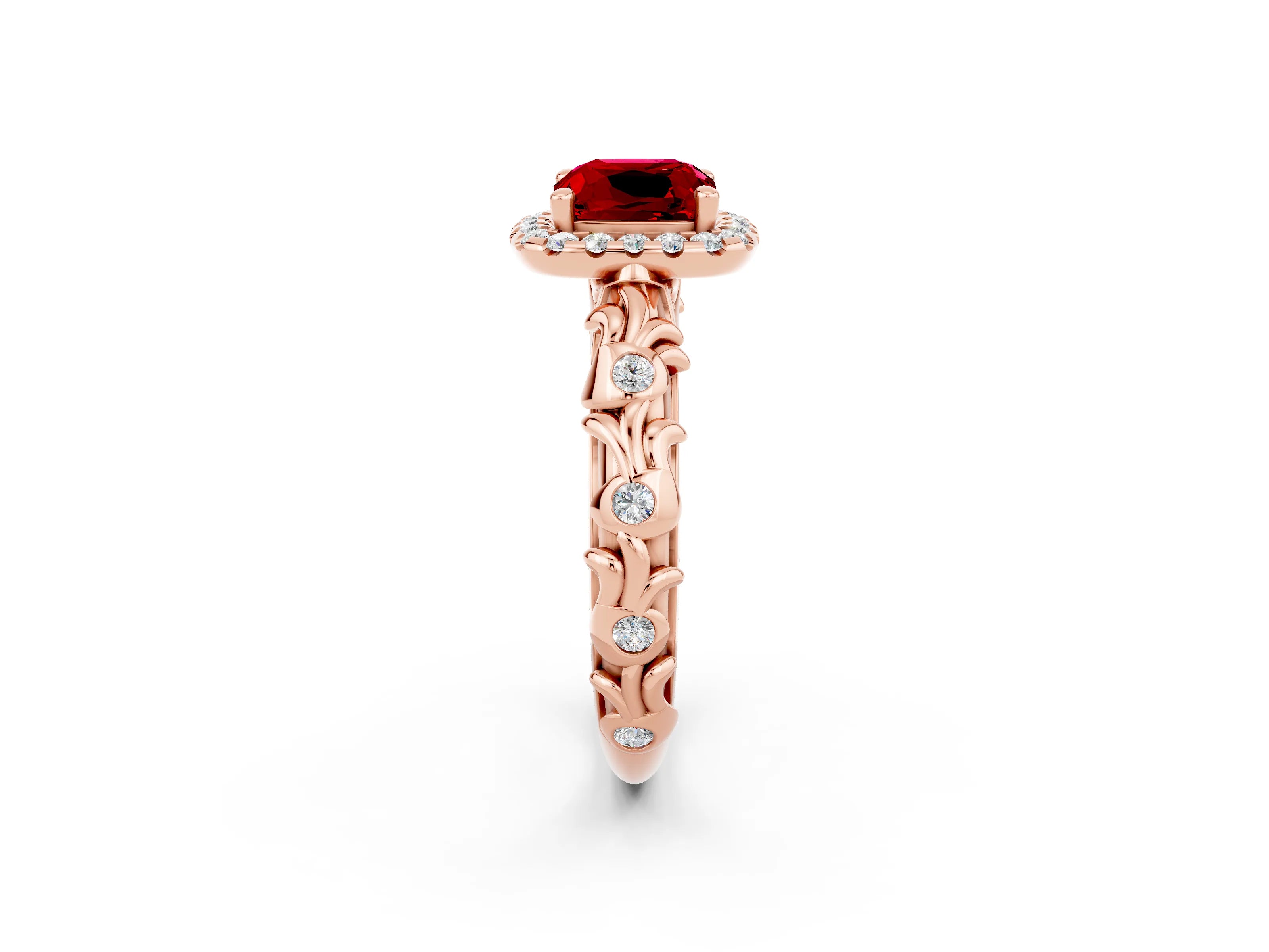 Rose gold Cushion Cut Halo Diamond Solitaire with Filigree Band and Four-Prong Setting_2