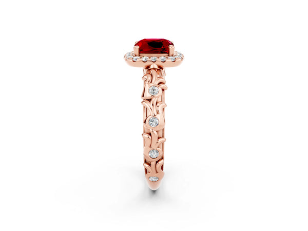 Rose gold Cushion Cut Ruby Halo Ring with Filigree Band and Prong Setting