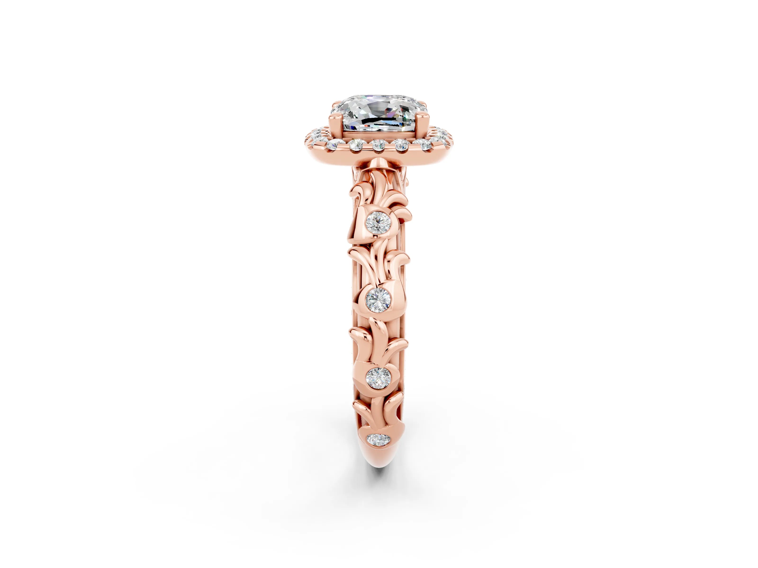 Rose gold Cushion Cut Halo Diamond Solitaire with Filigree Band and Four-Prong Setting_2