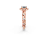 Rose gold Cushion Cut Halo Diamond Solitaire with Filigree Band and Four-Prong Setting_2