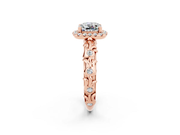 Rose gold Cushion Cut Moissanite Halo Ring with Filigree Band and Prong Setting