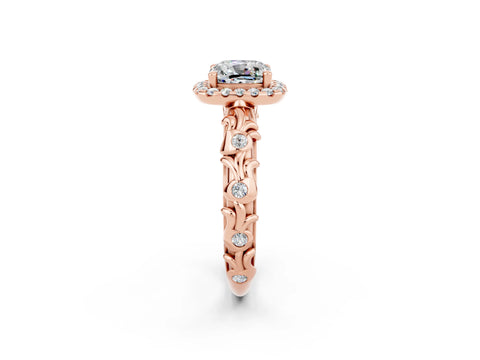 Rose gold Cushion Cut Halo Diamond Solitaire with Filigree Band and Four-Prong Setting_2