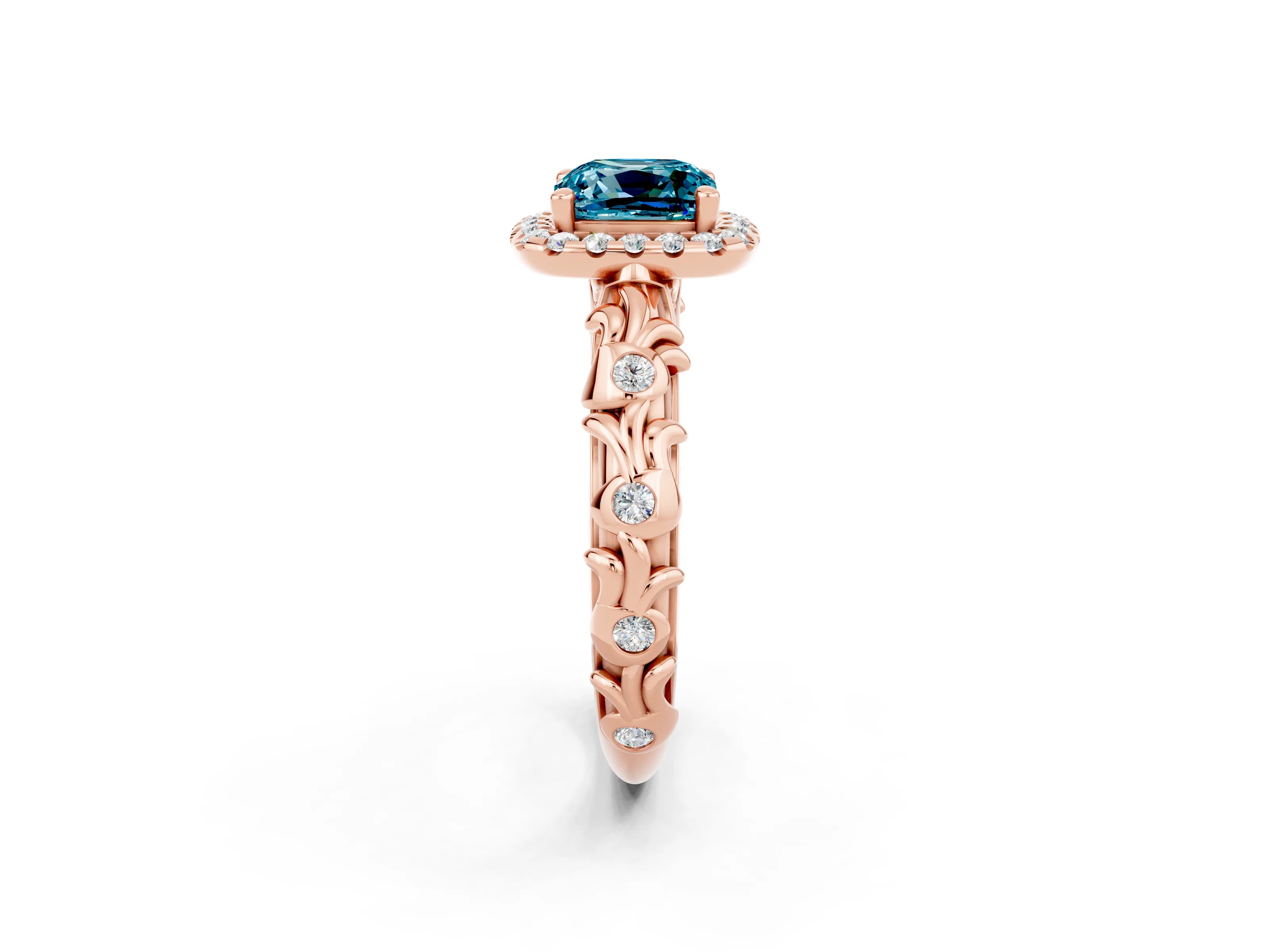 Rose gold Cushion Cut Halo Diamond Solitaire with Filigree Band and Four-Prong Setting_2