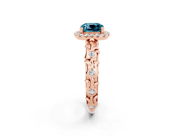 Rose gold Cushion Cut Halo Diamond Solitaire with Filigree Band and Four-Prong Setting