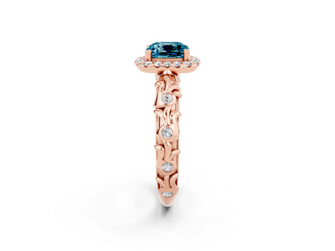 Rose gold Cushion Cut Halo Diamond Solitaire with Filigree Band and Four-Prong Setting_2