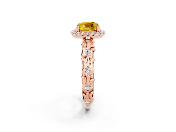 Rose gold Cushion Cut Yellow Sapphire Halo Ring with Filigree Band and Prong Setting