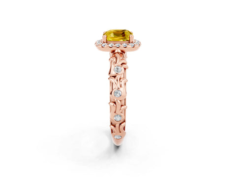 Rose gold Cushion Cut Halo Diamond Solitaire with Filigree Band and Four-Prong Setting_2