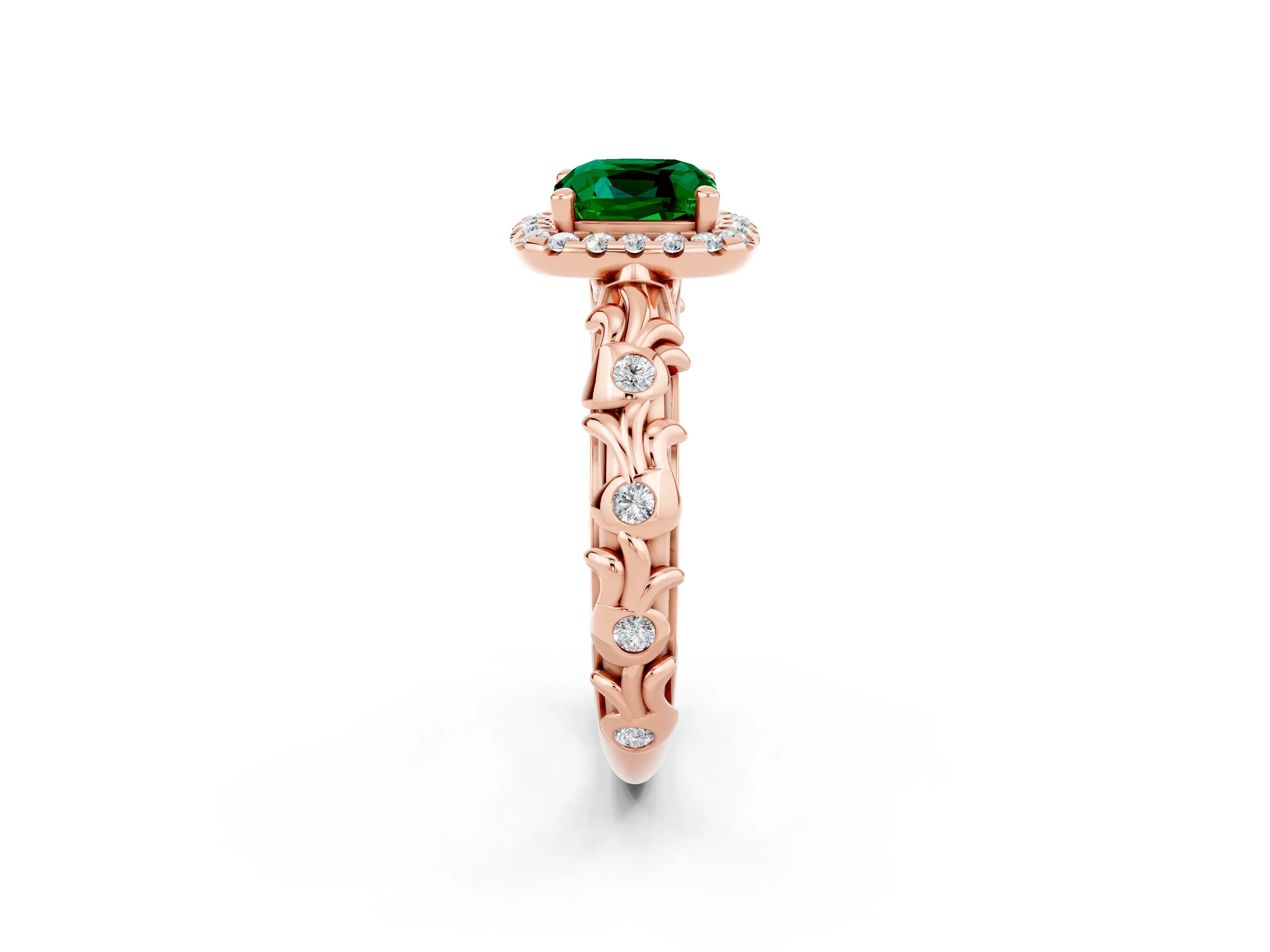 Rose gold Cushion Cut Halo Diamond Solitaire with Filigree Band and Four-Prong Setting_2