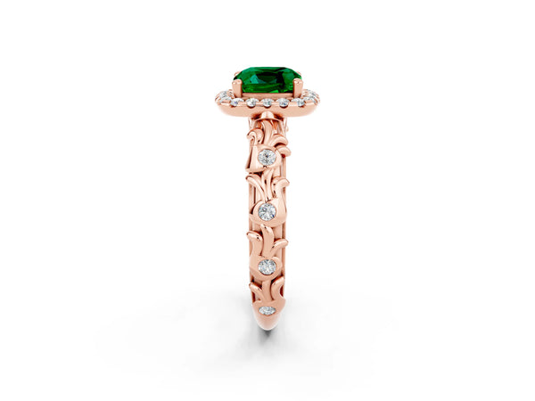 Rose gold Cushion Cut Emerald Halo Ring with Filigree Band and Prong Setting