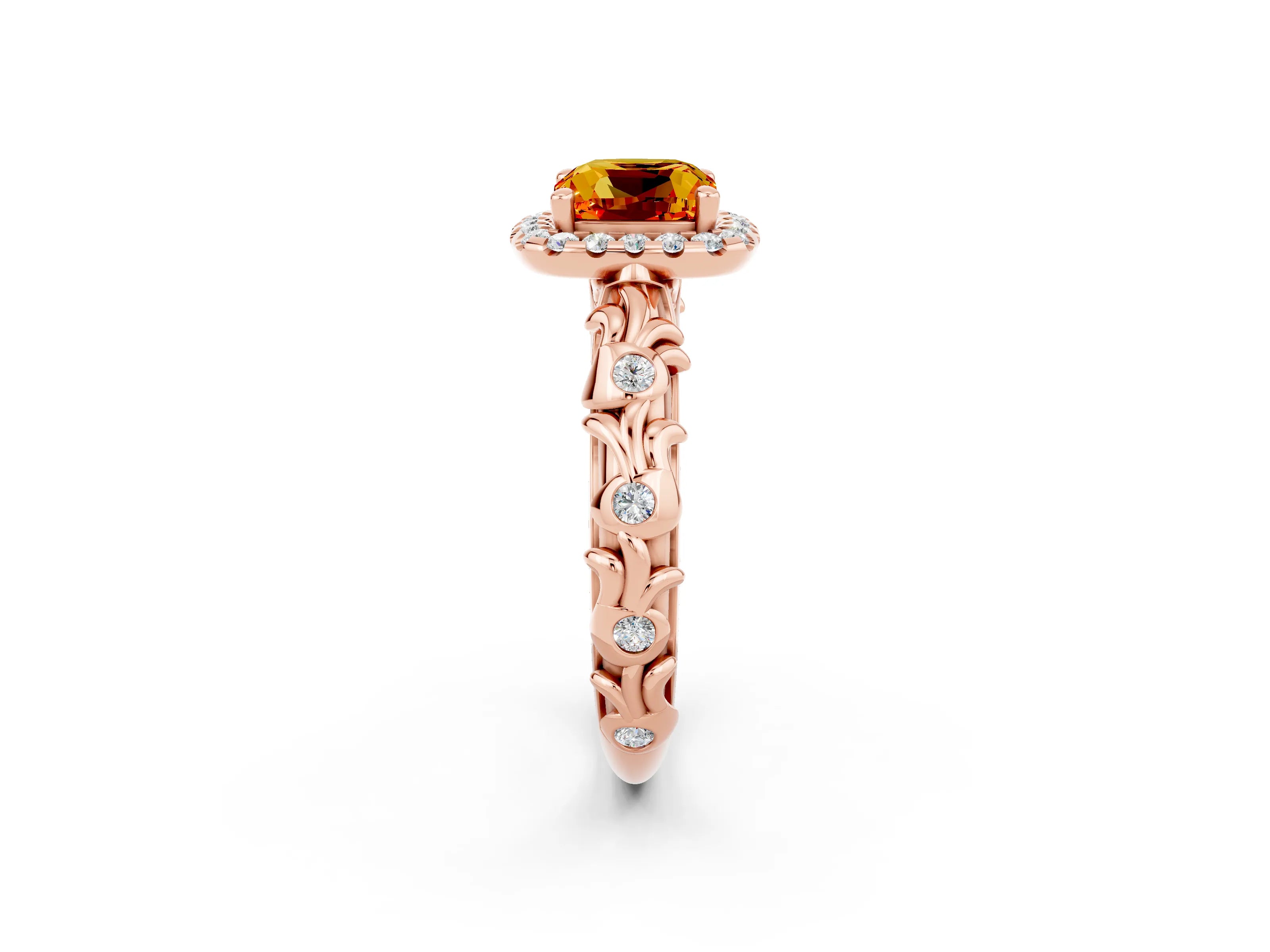 Rose gold Cushion Cut Halo Diamond Solitaire with Filigree Band and Four-Prong Setting_2