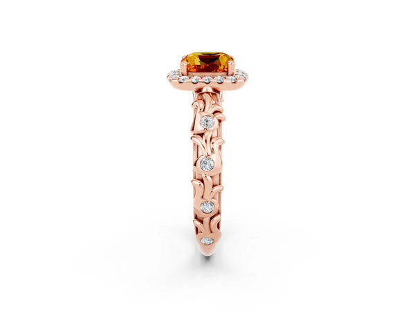 Rose gold Cushion Cut Citrine Halo Ring with Filigree Band and Prong Setting