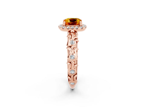 Rose gold Cushion Cut Halo Diamond Solitaire with Filigree Band and Four-Prong Setting_2