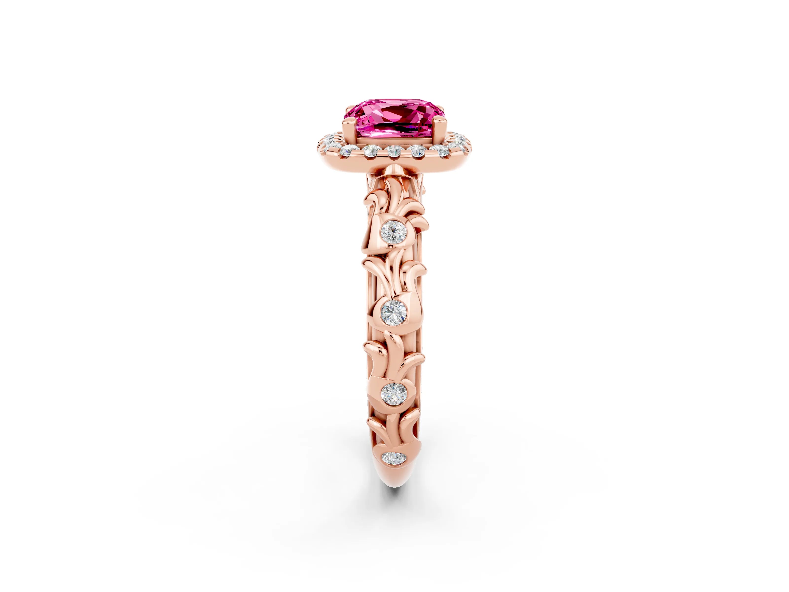 Rose gold Cushion Cut Halo Diamond Solitaire with Filigree Band and Four-Prong Setting_2