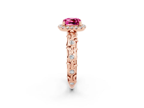 Rose gold Cushion Cut Halo Diamond Solitaire with Filigree Band and Four-Prong Setting_2