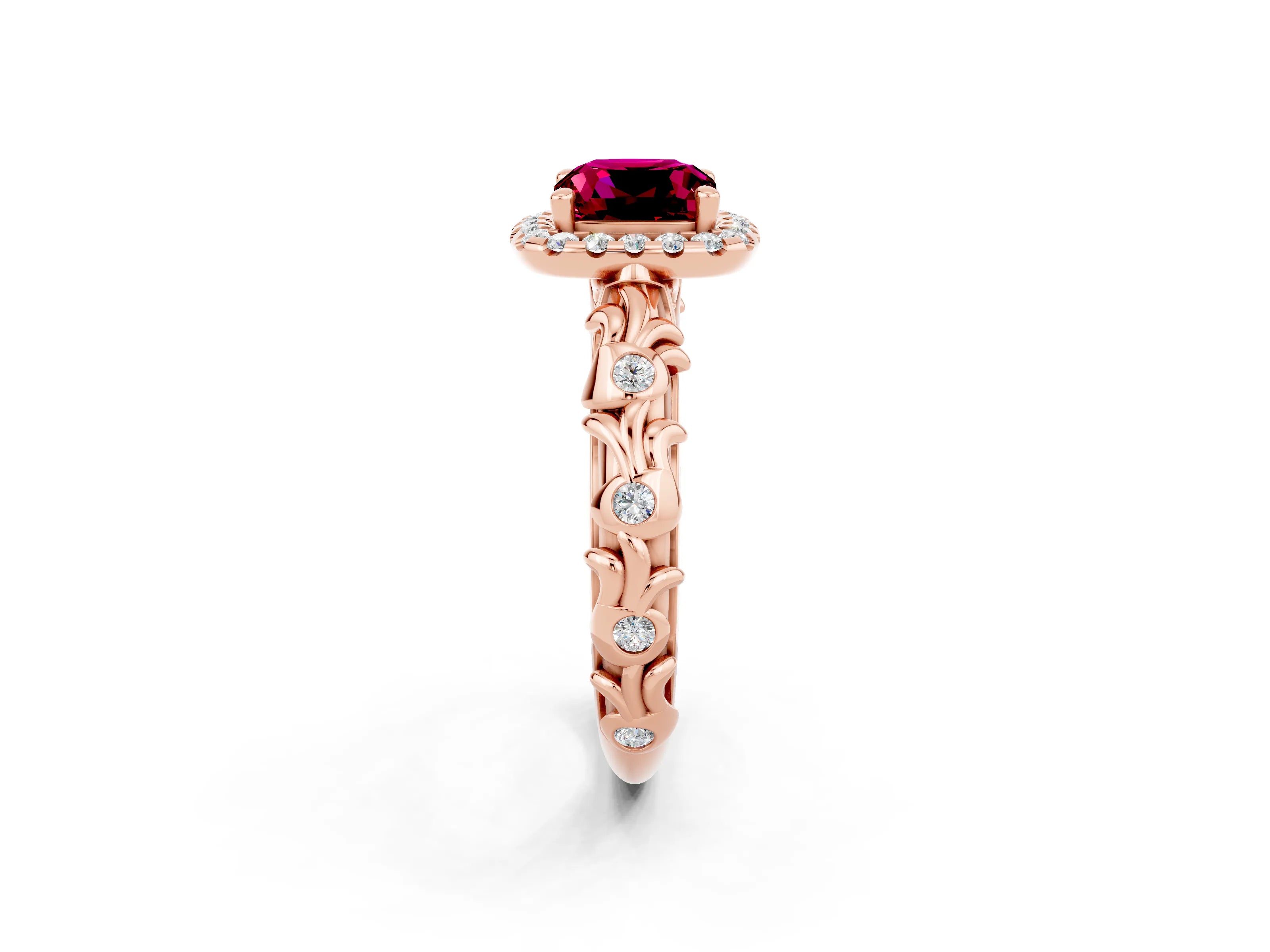 Rose gold Cushion Cut Halo Diamond Solitaire with Filigree Band and Four-Prong Setting_2