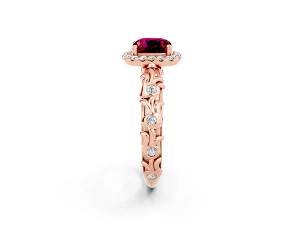 Rose gold Cushion Cut Garnet Halo Ring with Filigree Band and Prong Setting