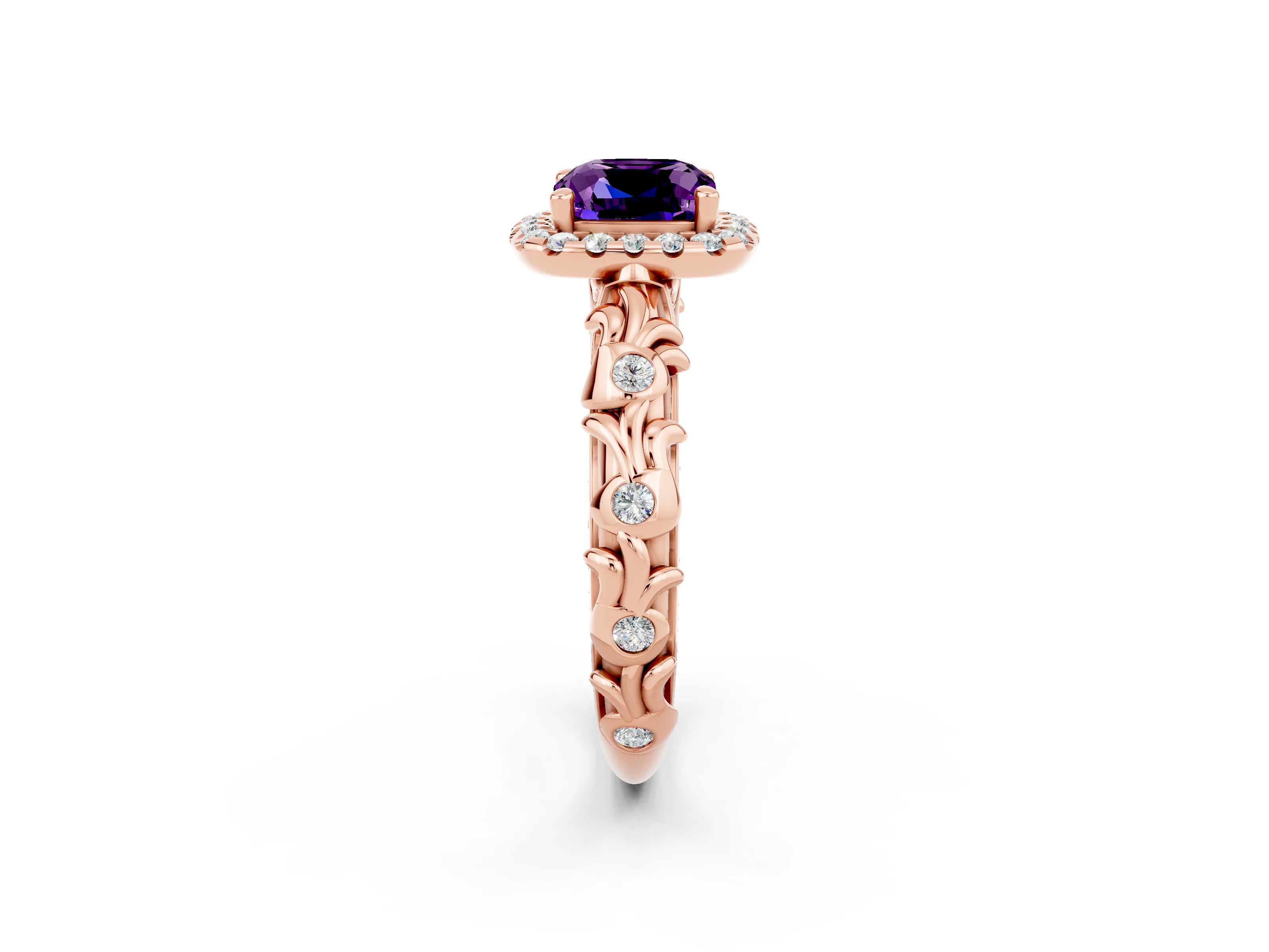 Rose gold Cushion Cut Halo Diamond Solitaire with Filigree Band and Four-Prong Setting_2