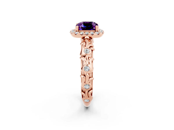 Rose gold Cushion Cut Amethyst Halo Ring with Filigree Band and Prong Setting