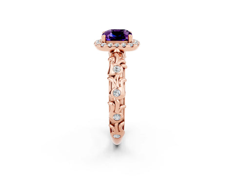 Rose gold Cushion Cut Halo Diamond Solitaire with Filigree Band and Four-Prong Setting_2