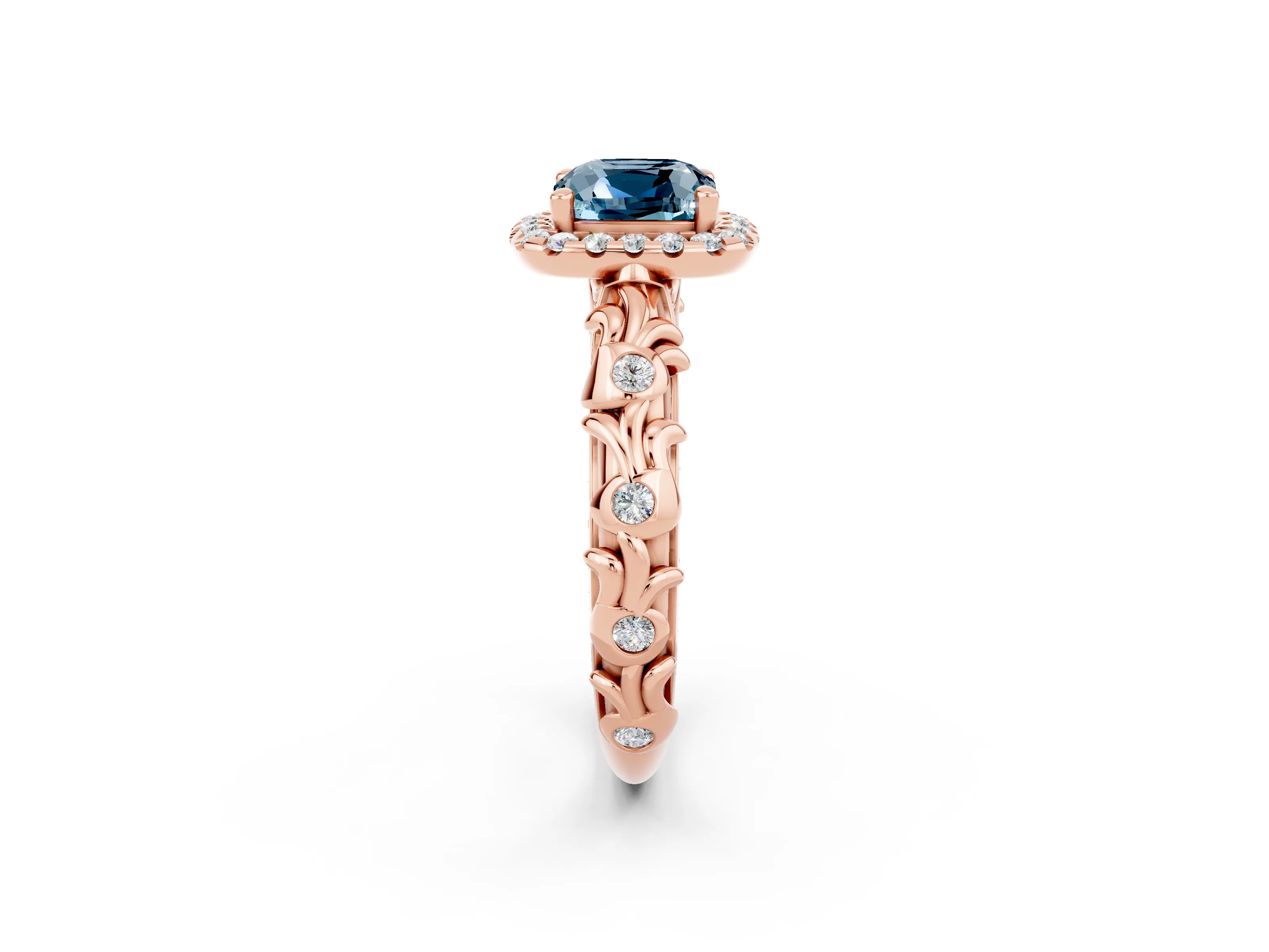 Rose gold Cushion Cut Halo Diamond Solitaire with Filigree Band and Four-Prong Setting_2