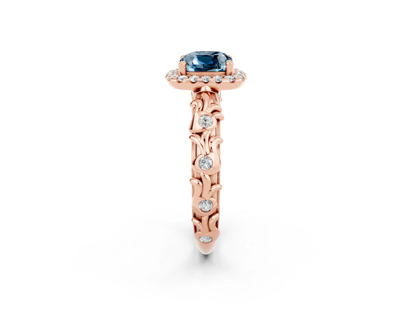 Rose gold Cushion Cut Aquamarine Halo Ring with Filigree Band and Prong Setting