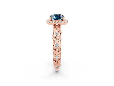 Rose gold Cushion Cut Halo Diamond Solitaire with Filigree Band and Four-Prong Setting_2