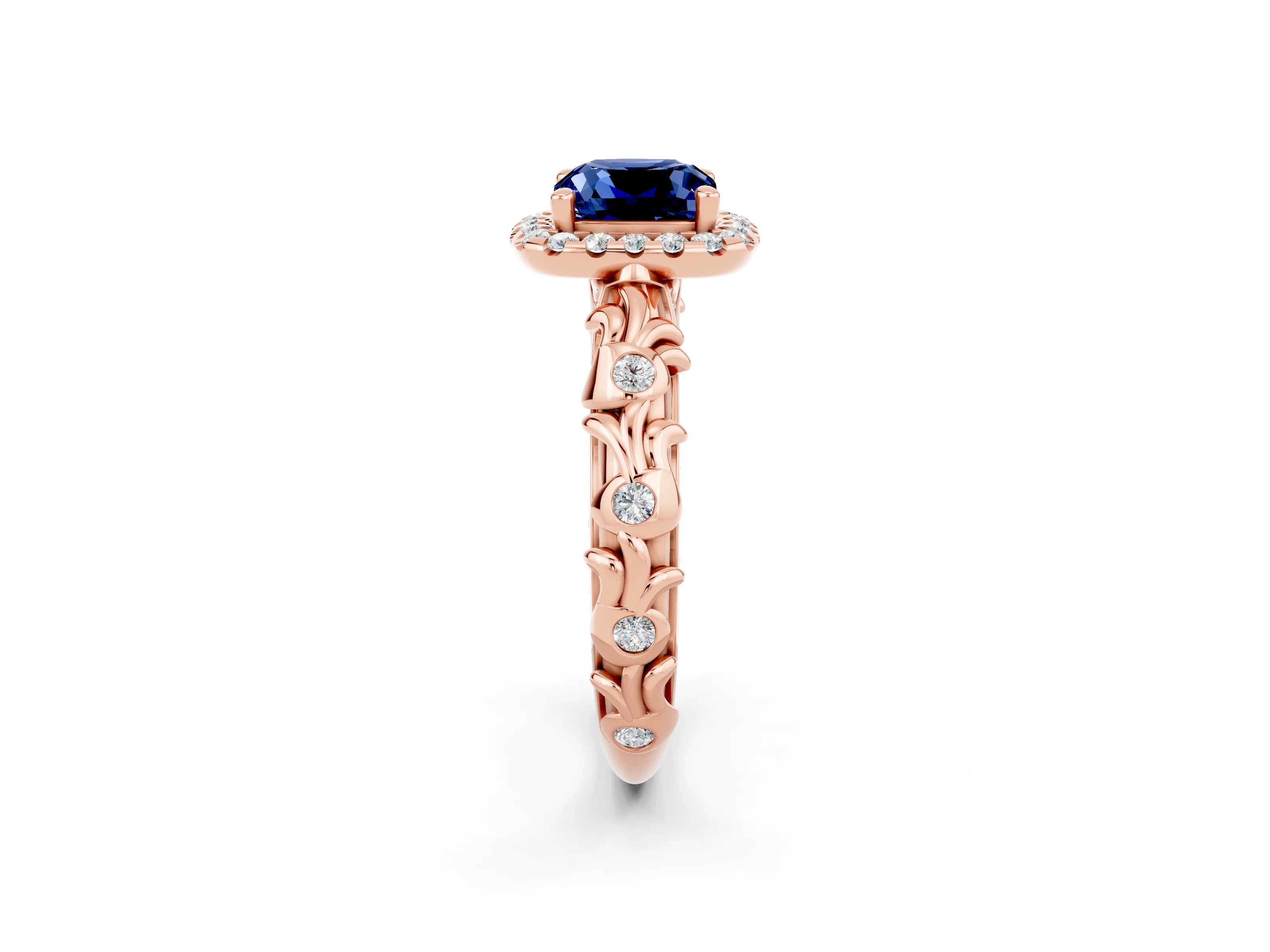Rose gold Cushion Cut Halo Diamond Solitaire with Filigree Band and Four-Prong Setting_2