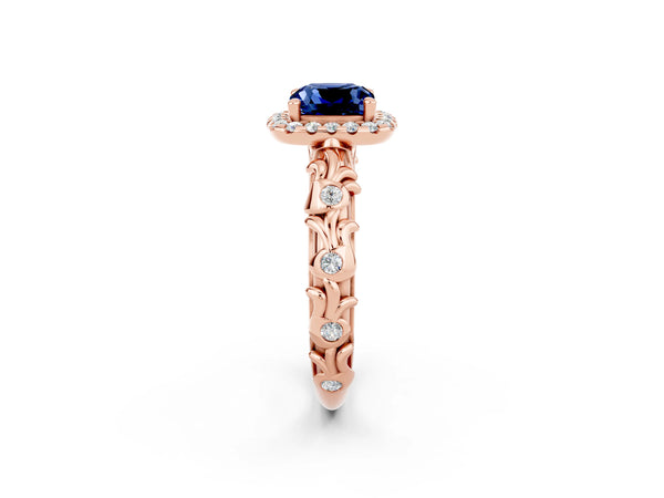 Rose gold Cushion Cut Blue Sapphire Halo Ring with Filigree Band and Prong Setting