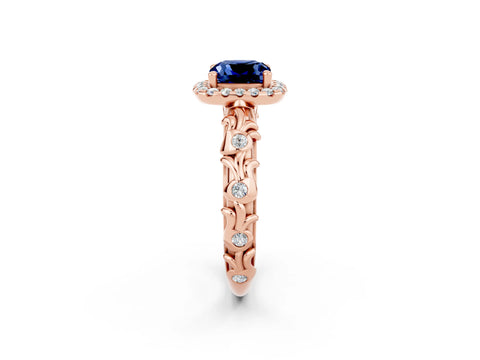 Rose gold Cushion Cut Halo Diamond Solitaire with Filigree Band and Four-Prong Setting_2