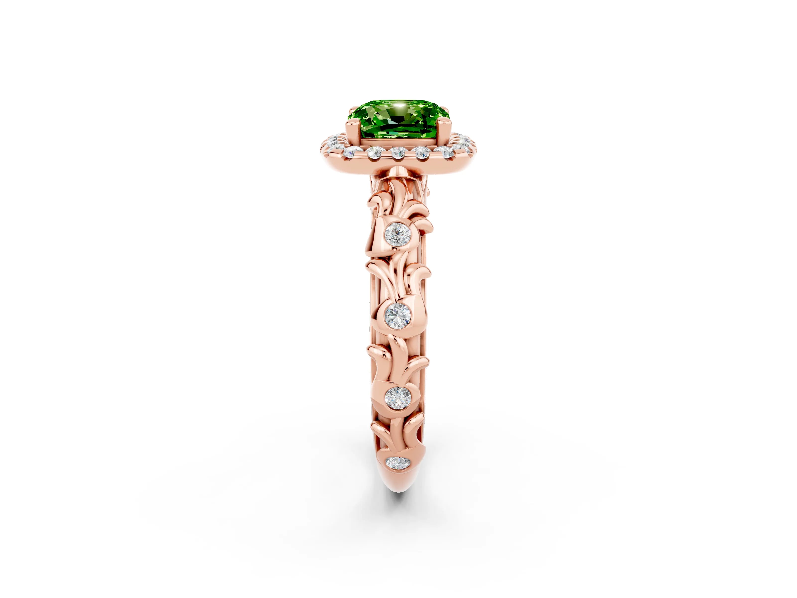 Rose gold Cushion Cut Halo Diamond Solitaire with Filigree Band and Four-Prong Setting_2