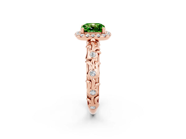 Rose gold Cushion Cut Peridot Halo Ring with Filigree Band and Prong Setting