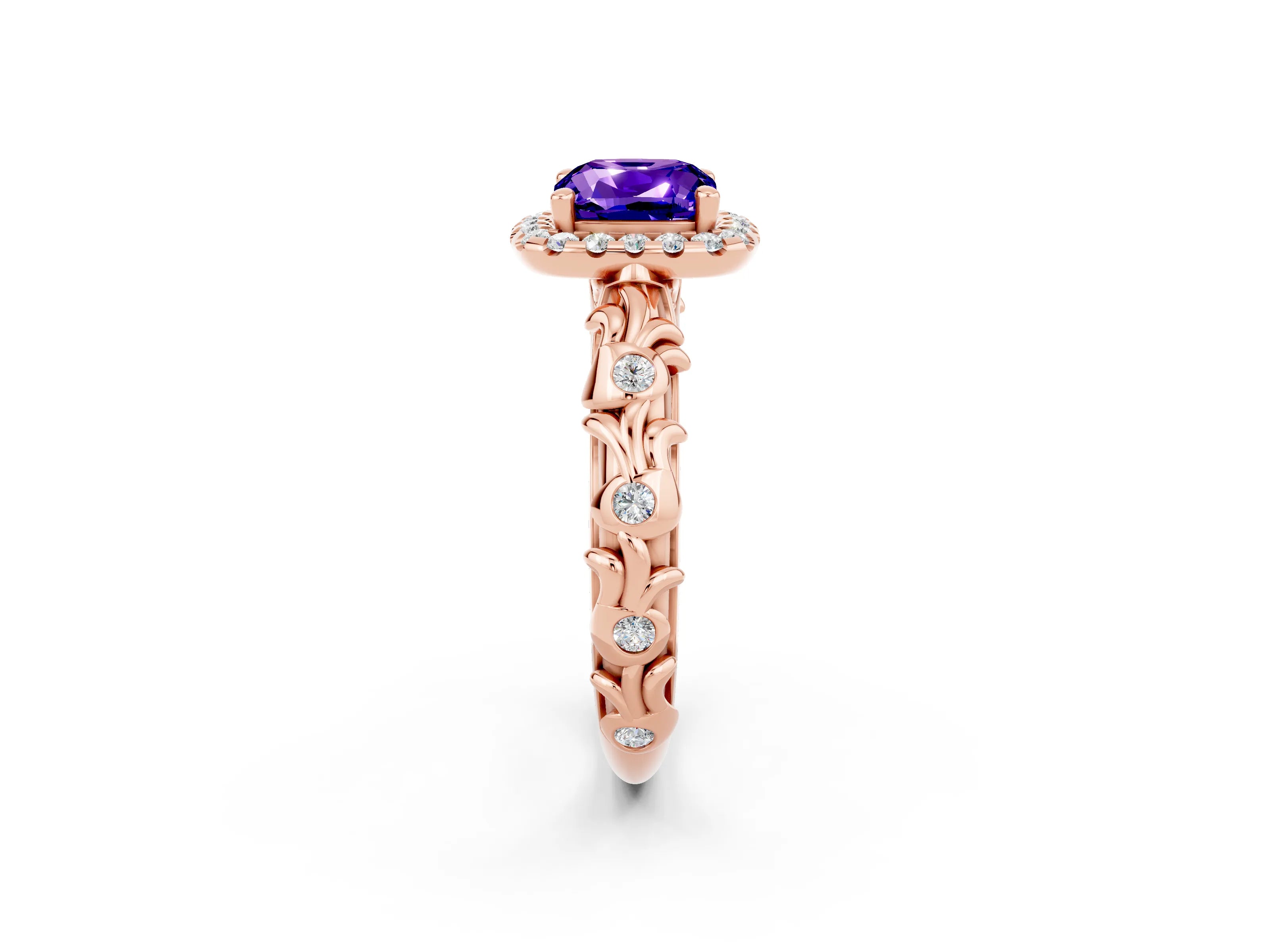 Rose gold Cushion Cut Halo Diamond Solitaire with Filigree Band and Four-Prong Setting_2