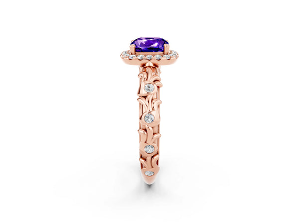 Rose gold Cushion Cut Tanzanite Halo Ring with Filigree Band and Prong Setting