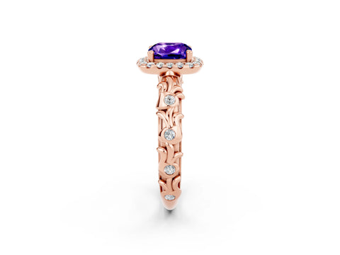 Rose gold Cushion Cut Halo Diamond Solitaire with Filigree Band and Four-Prong Setting_2