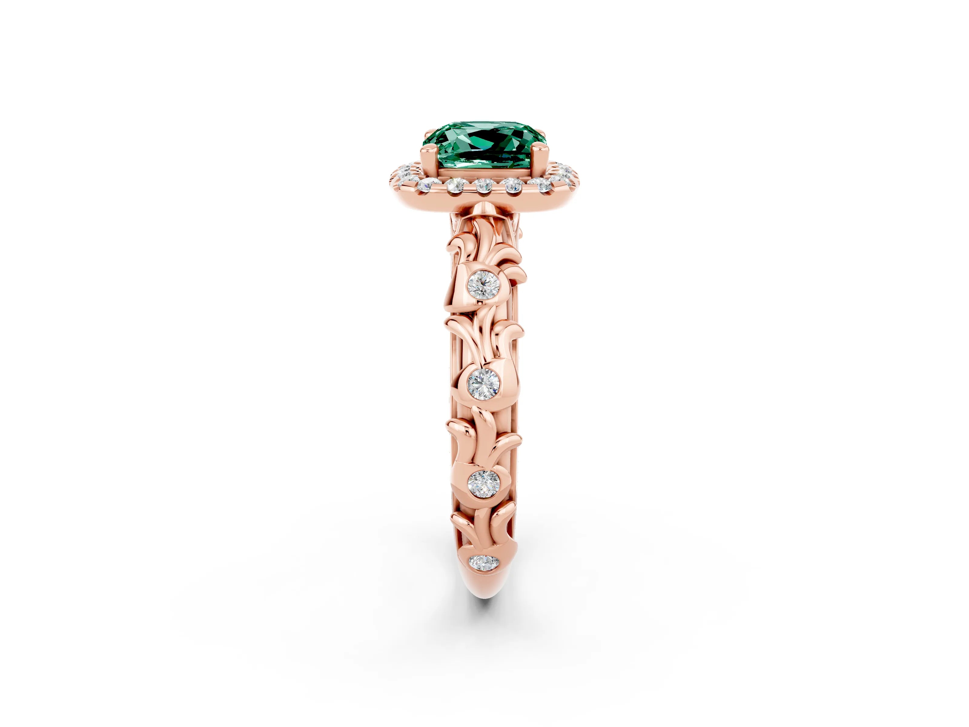 Rose gold Cushion Cut Halo Diamond Solitaire with Filigree Band and Four-Prong Setting_2