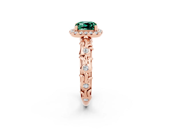 Rose gold Cushion Cut Green Sapphire Halo Ring with Filigree Band and Prong Setting