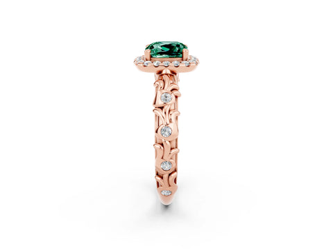 Rose gold Cushion Cut Halo Diamond Solitaire with Filigree Band and Four-Prong Setting_2