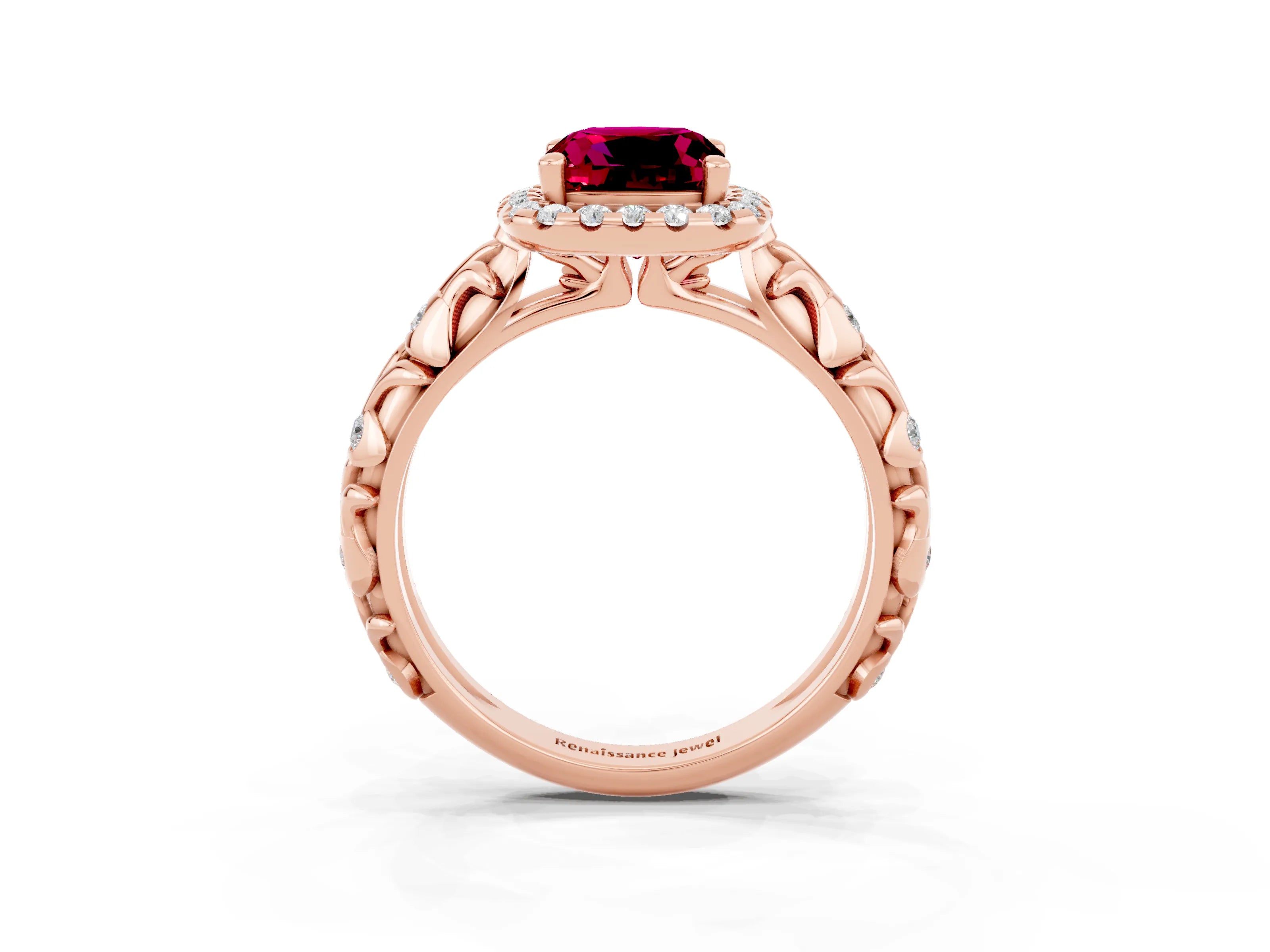 Rose gold Cushion Cut Halo Diamond Solitaire with Filigree Band and Four-Prong Setting_3